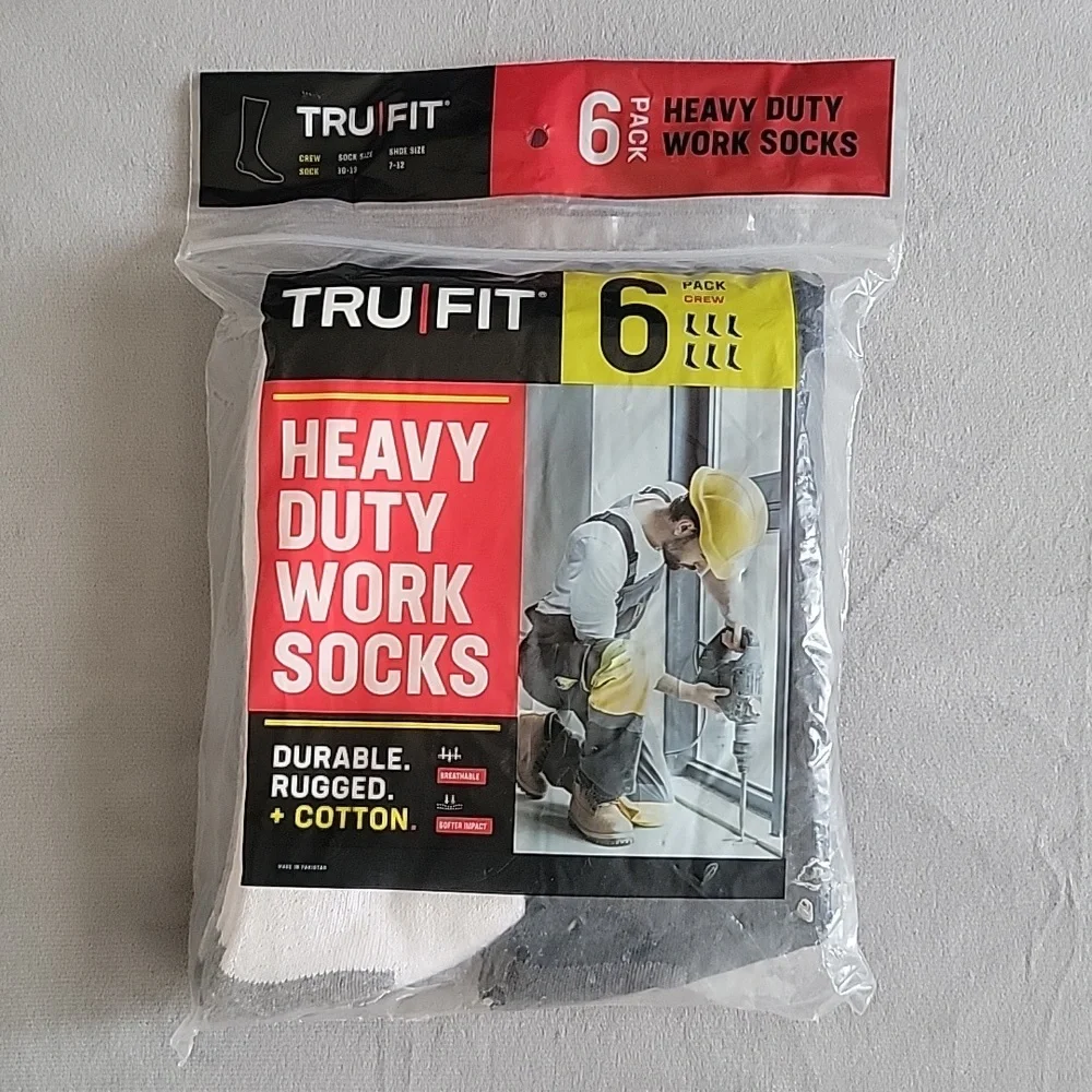6 Pack Heavy Duty Work Socks, Shoe Size 7-12, Sock Size 10-13, Color Black/Grey