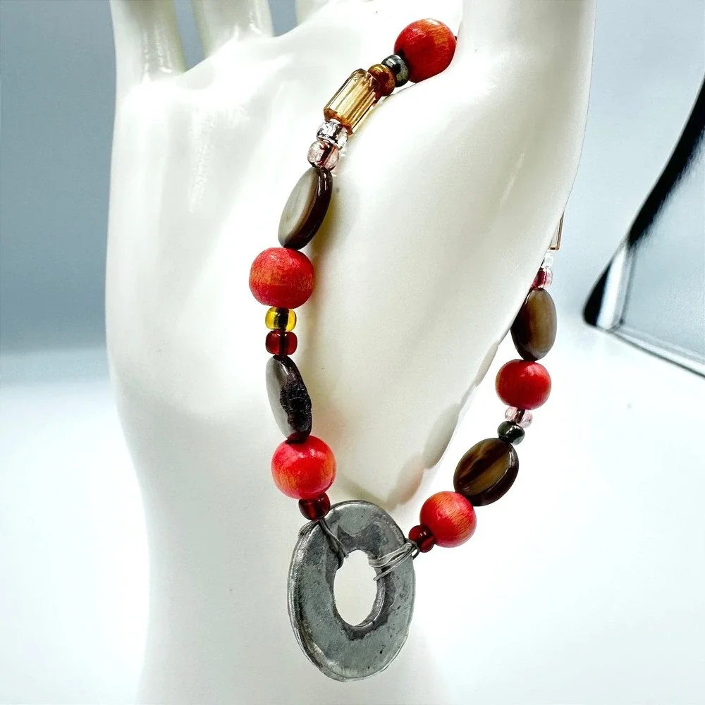Vintage Boho Beaded Stretch Bracelet Red Wood Mother Of Pearl Shell Ring‎ Charm