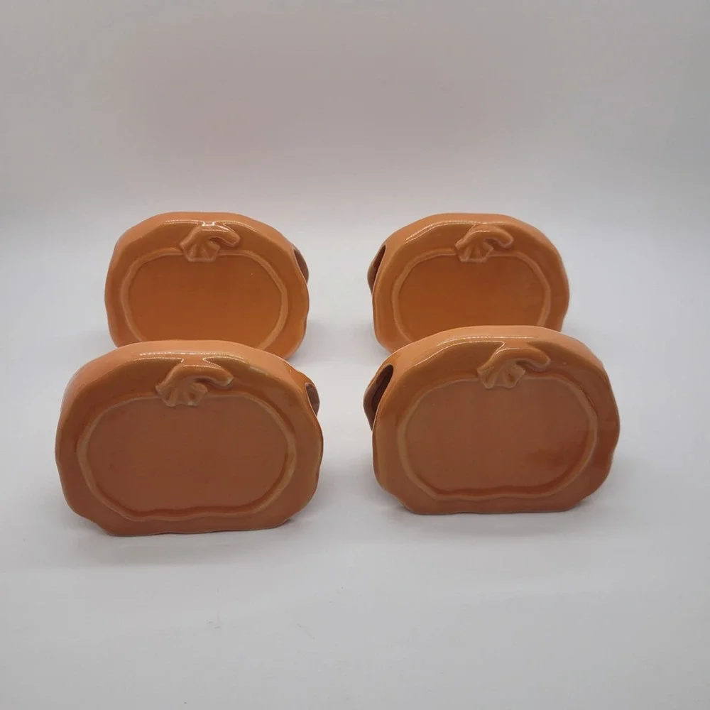 Set of 4 Orange Ceramic Pumpkin Napkin or Place Holders Fall Thanksgiving Decor
