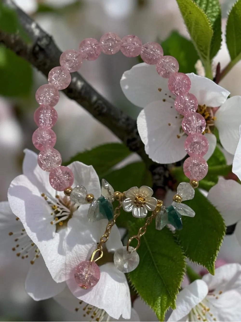 Pink Beaded Flower Charm Bracelet