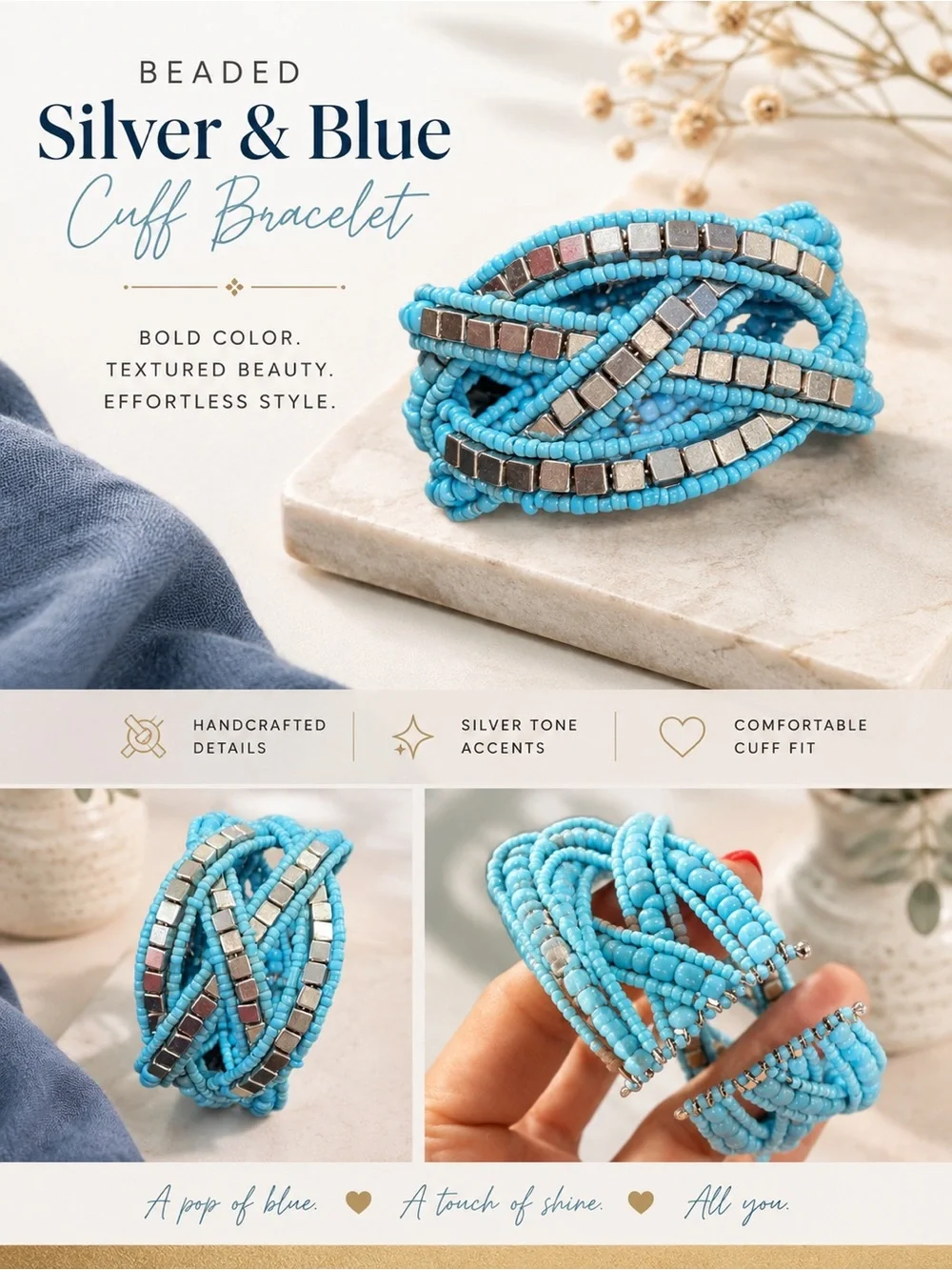 Beaded Silver and Blue Cuff Bracelet