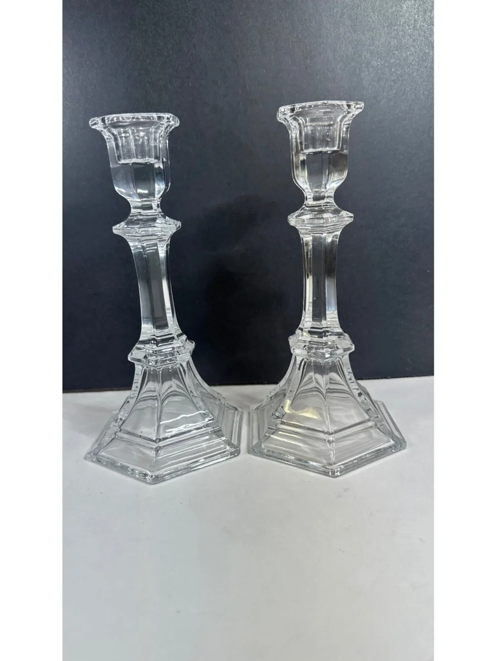 Lead Crystal 8” Lead Crystal Glass Candle Holders Hexagon Base