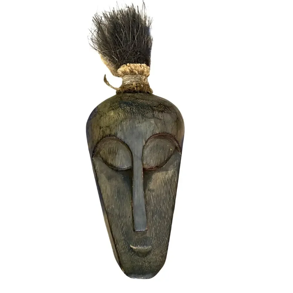 Hand Carved Indonesia Wood Mask Toraja Tau-Tau? Tribal Stiff Fiber Hair Wall Art