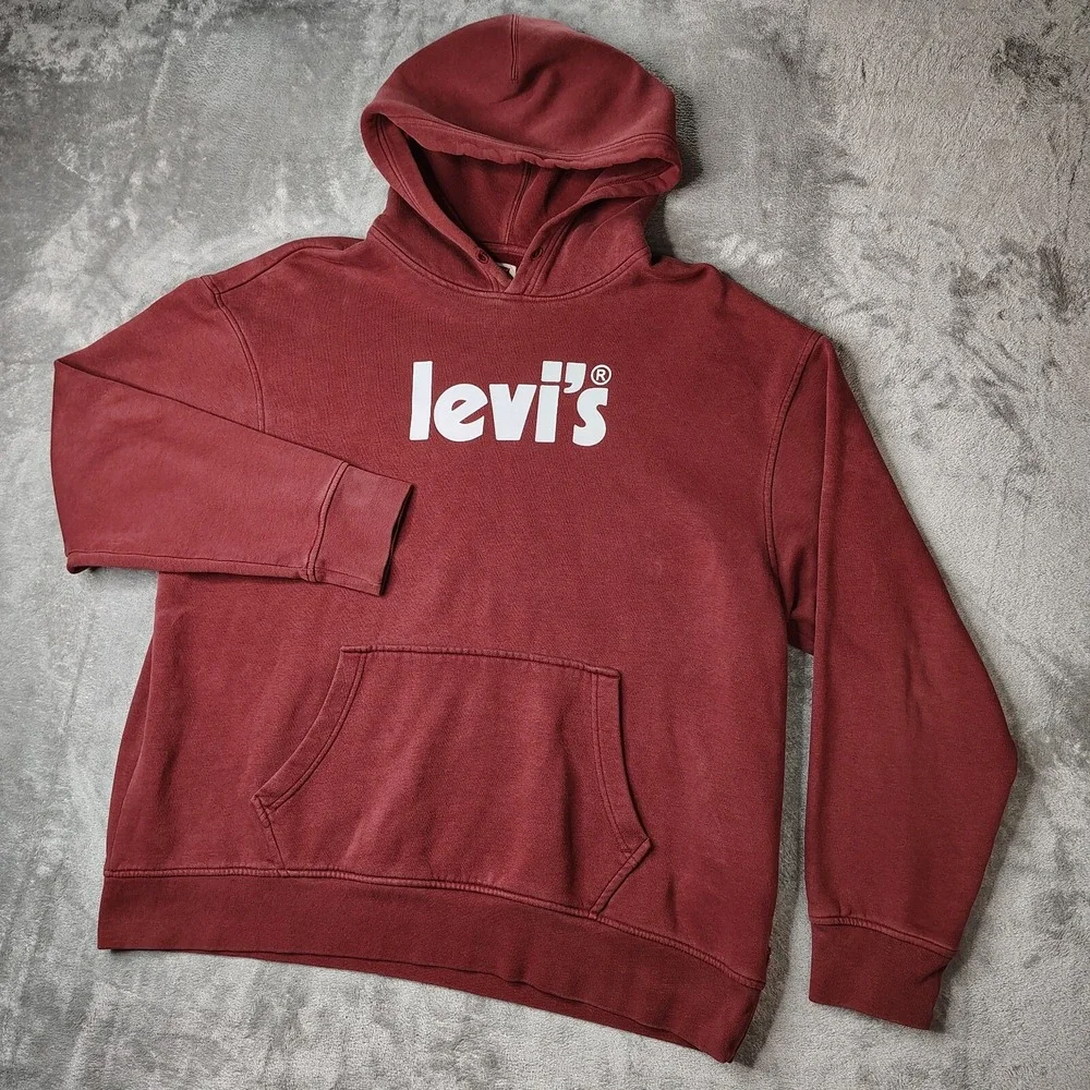 Levi's Relaxed Graphic Hoodie Mens XL Burgundy Red Logo Pullover Fleece Top