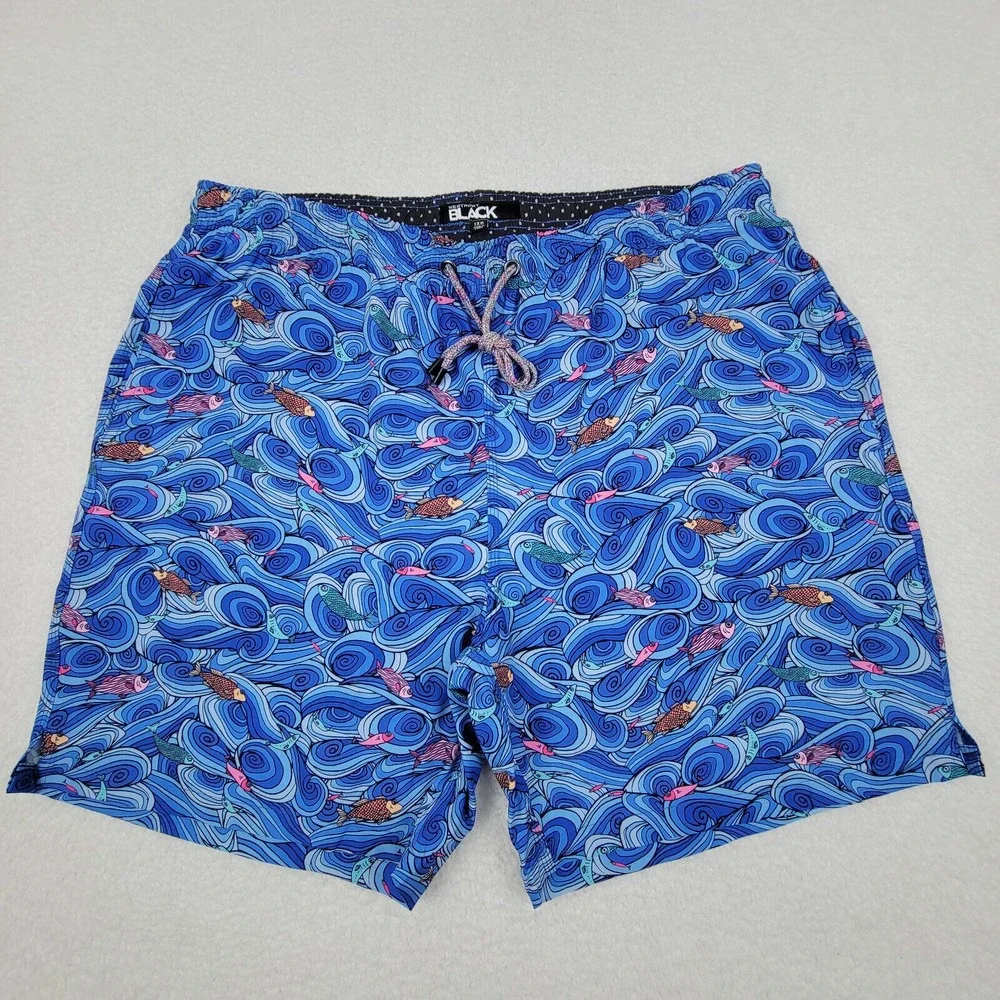 Westport Black Lined Board Shorts Mens 1XB Big Blue‎ Fish in Water Waves MINT