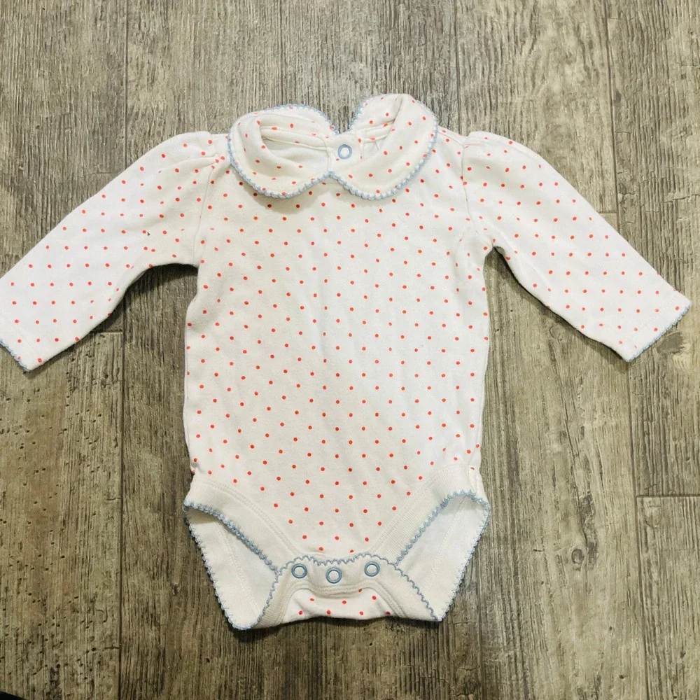 Baby Boden Polka Dot Bodysuit Peter Pan Collar Picot Trim Cream Red 0-3M