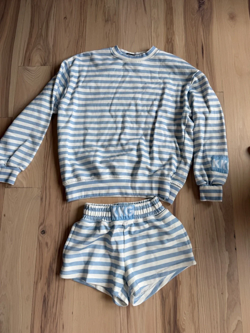 Blue & White Striped Two-Piece Loungewear KKG Sweatshirt (S) and Short (XS) Set