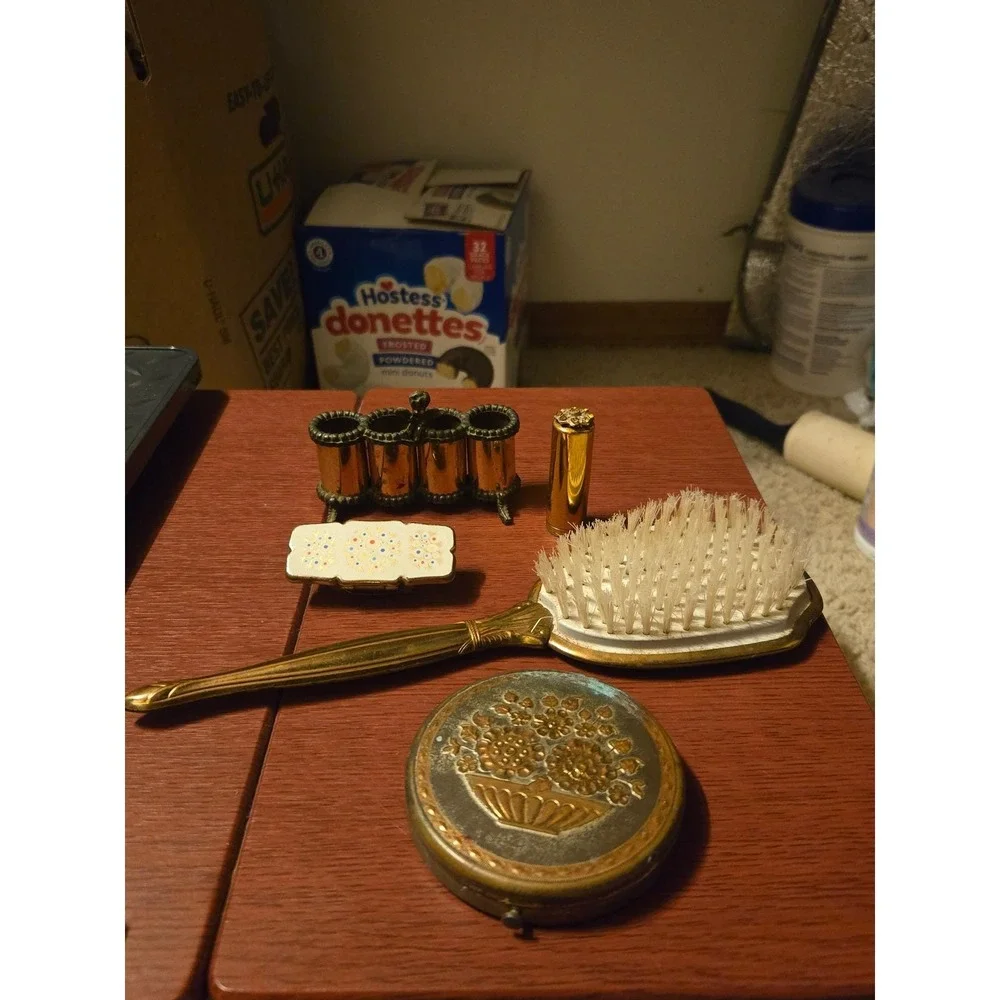 Vintage Gold Tone Vanity Set Cherub Lipstick Holder Compact Hairbrush 5pc Lot