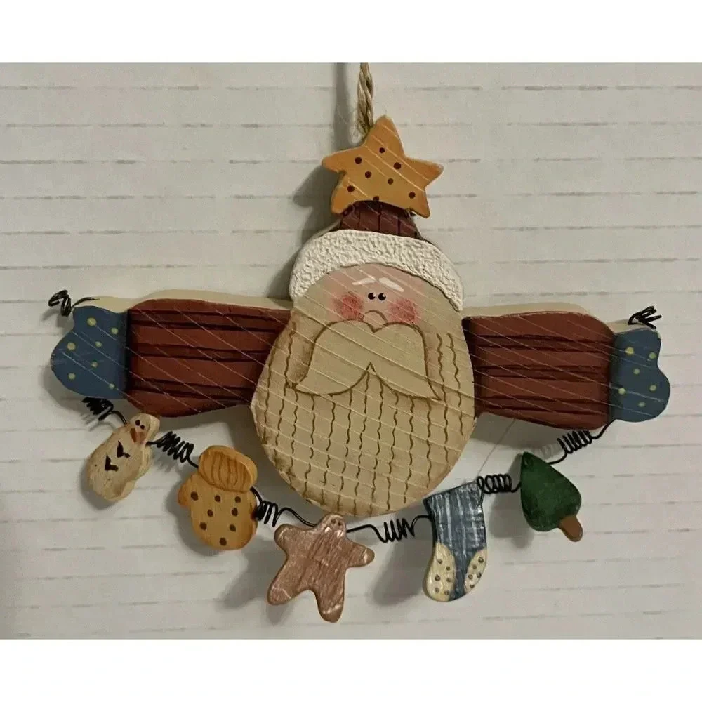 Santa Holding Garland Rustic Wood‎ Christmas Tree Ornament 4 1/2 Inches