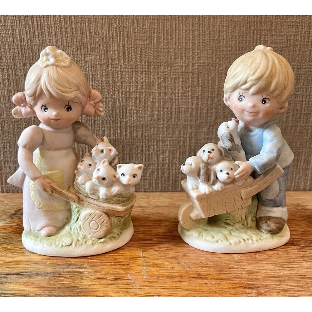 Vintage HOMCO 1402 Boy & Girl Wheelbarrow Figurines Puppies Kittens Bisque Set