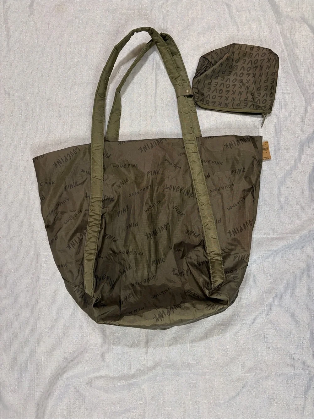 PINK Victorias Secret Large Olive Green Nylon Tote Bag with Matching Pouch