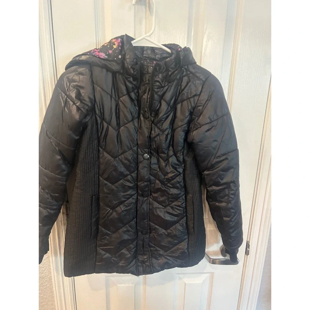 Justice Puffer Jacket Black Quilted Paint Splatter Lining Hooded Winter Coat