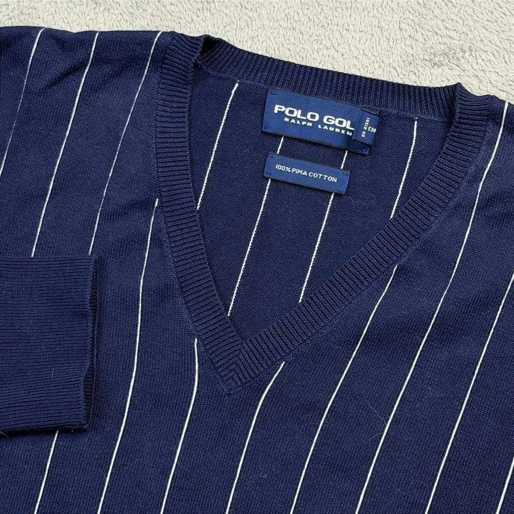 Polo Golf Ralph Lauren Mens Navy Blue Pinstripe Pima Cotton V-Neck Sweater Large