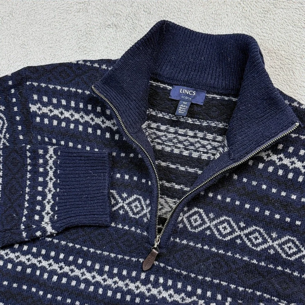 Lincs DC & Co Mens Med. Lambswool Quarter Zip Sweater Navy Blue Fair Isle Knit