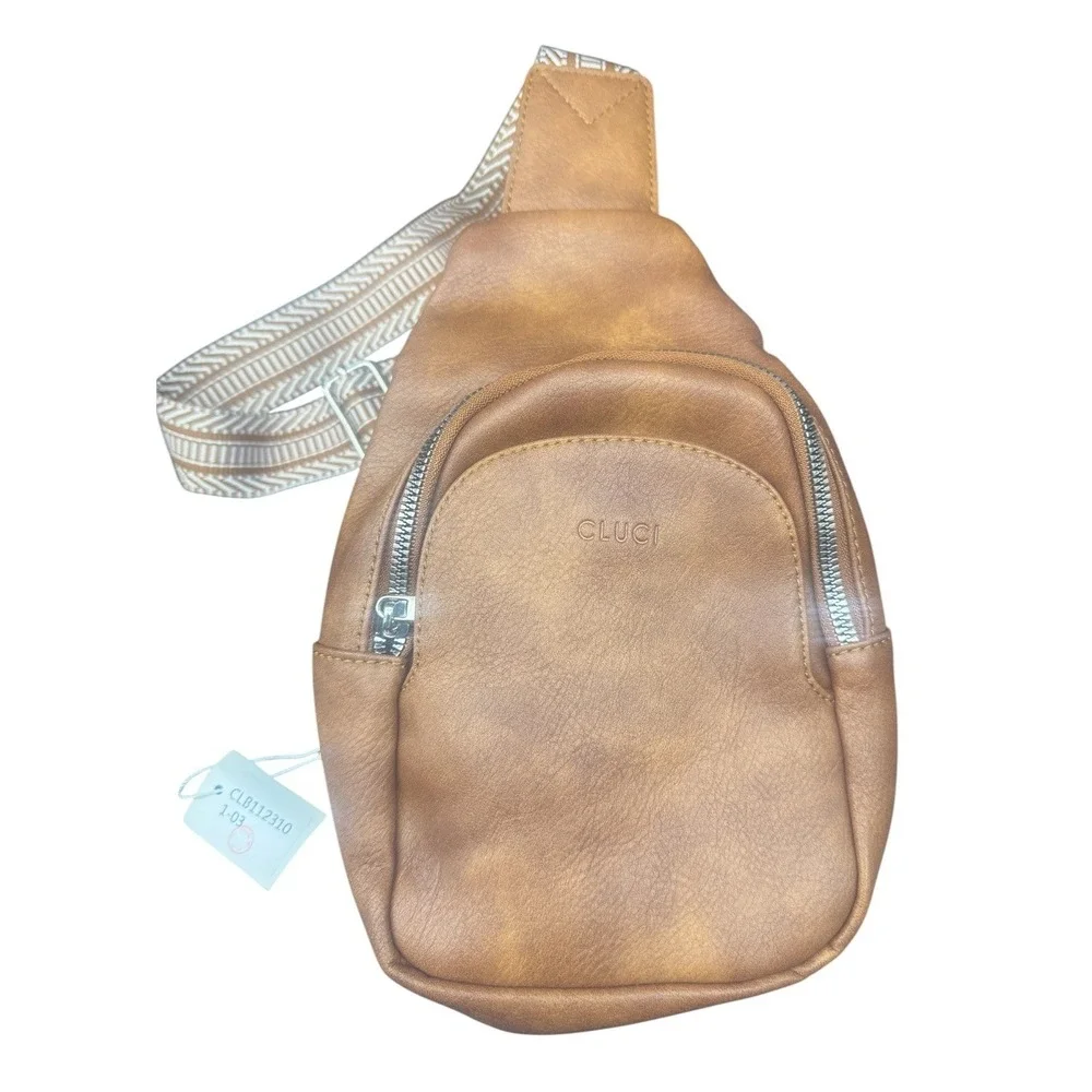 CLUCI Sling Bag Cognac Brown Vegan Leather Crossbody Chest Pack Strap NEW