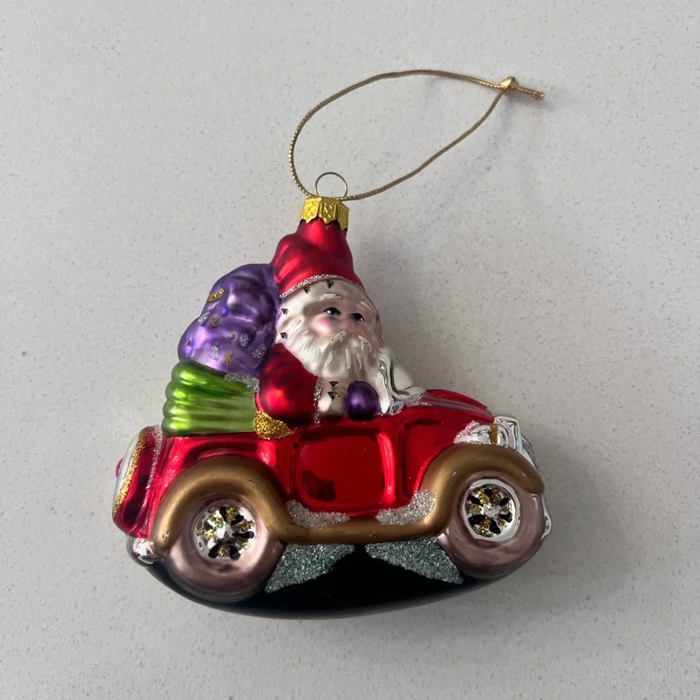 Vintage Midwest Of Cannon Falls Santa In A Car Glass  Christmas‎ Ornament 4.5”