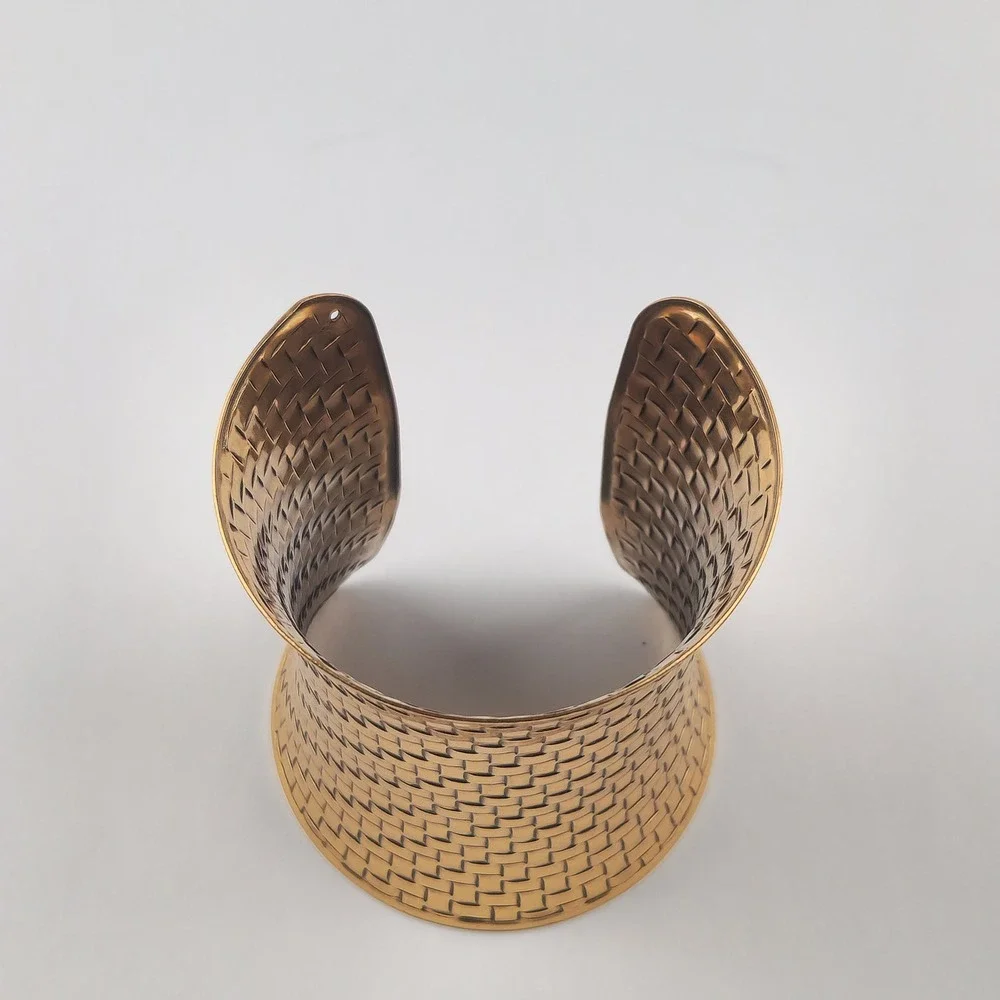 Gold Tone Extra Wide Textured Statement Cuff Bracelet Woven Boho Chic
