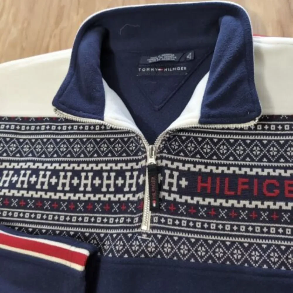 Tommy Hilfiger Mens Sweater XL‎ Fair Isle Warm Fleece Logo Side Striped Shirt
