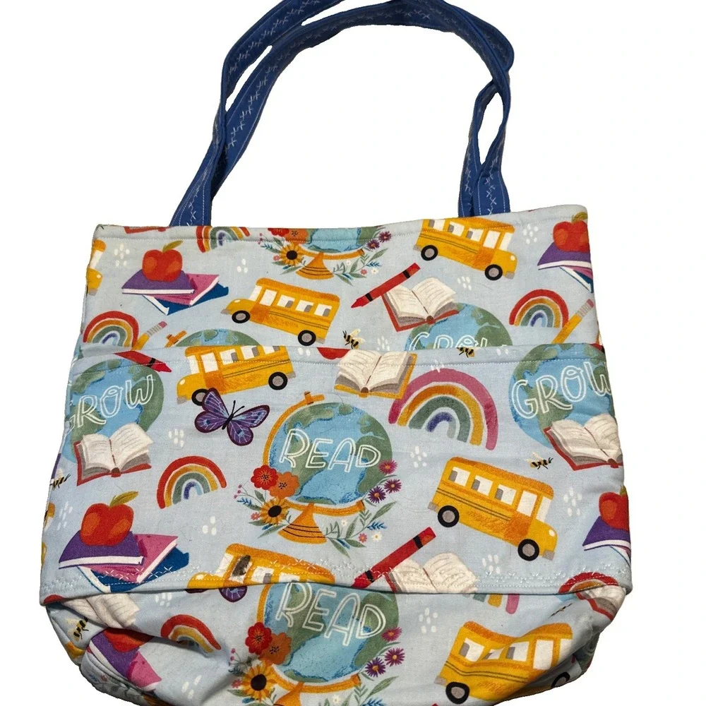 Handmade Teacher School Tote Bag Shoulder Pocket Bus Books Cotton Back To School