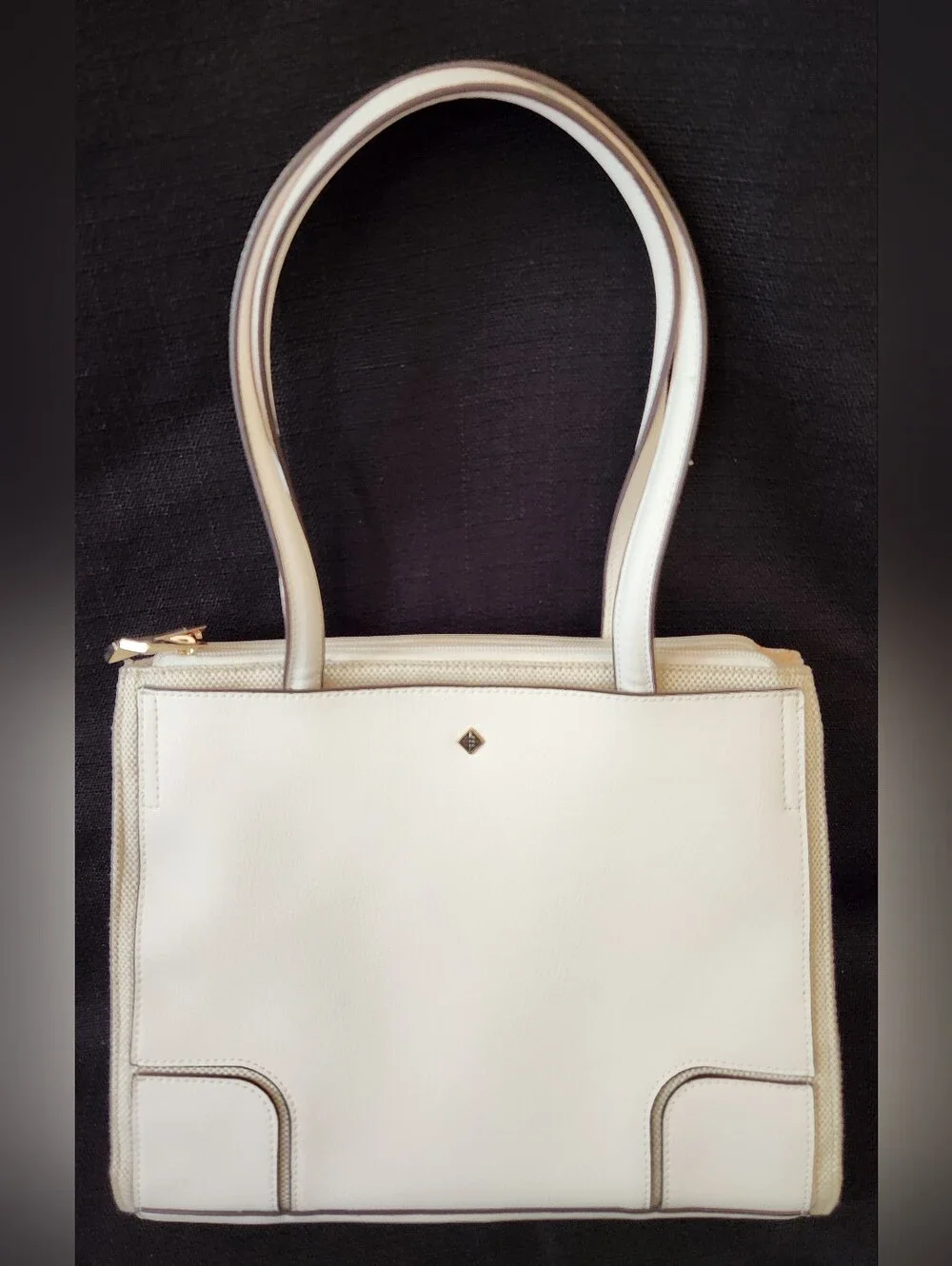 Antonio Melani White Leather Canvas Tote Bag Shoulder Purse Multi Pocket