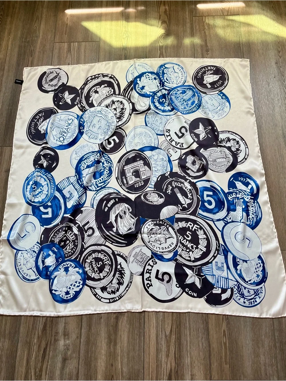 Silk Coin Print Scarf in Blue, Black and White 33/33 Inch