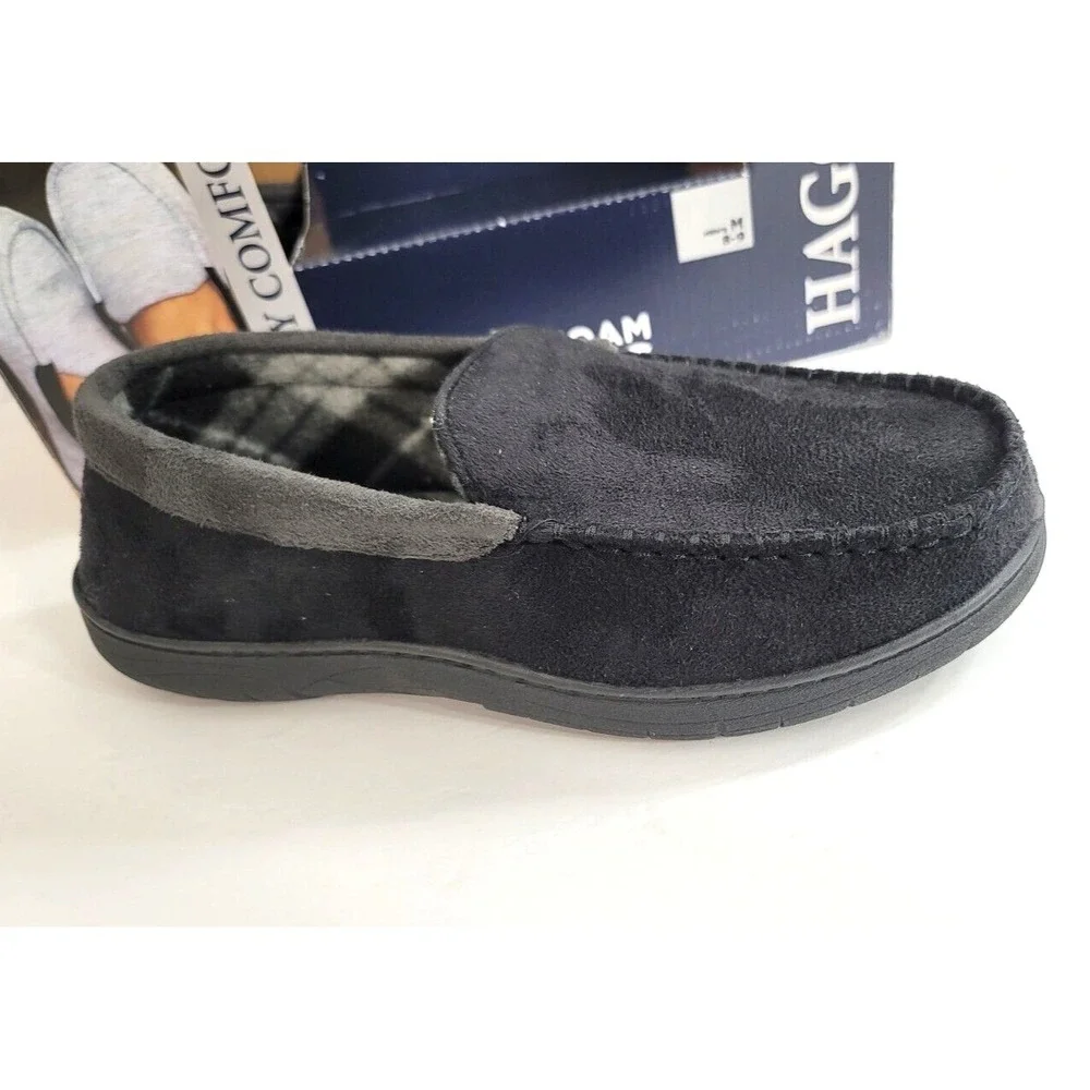 Haggar Slippers Mens Medium 8-9 Black Microsuede Fleece-Lined‎ Venetian $52 NEW