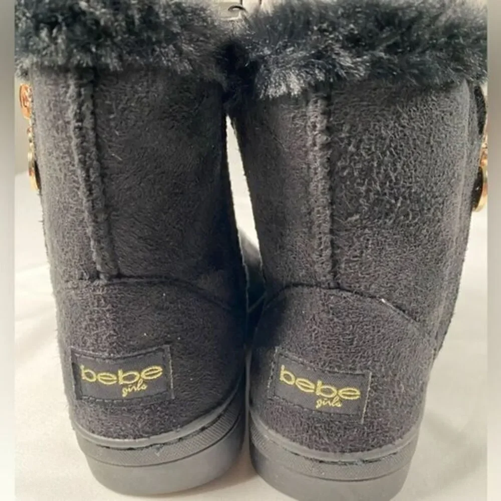 NWT Bebe Little Girls Black Faux Fur Lined Trendy Boots Gold Accents - Size 12