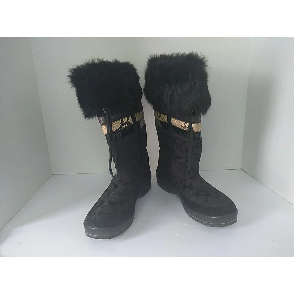 Coach Winter Boots Fur Trim Signature Logo Black Knee High Boots‎ Size 7