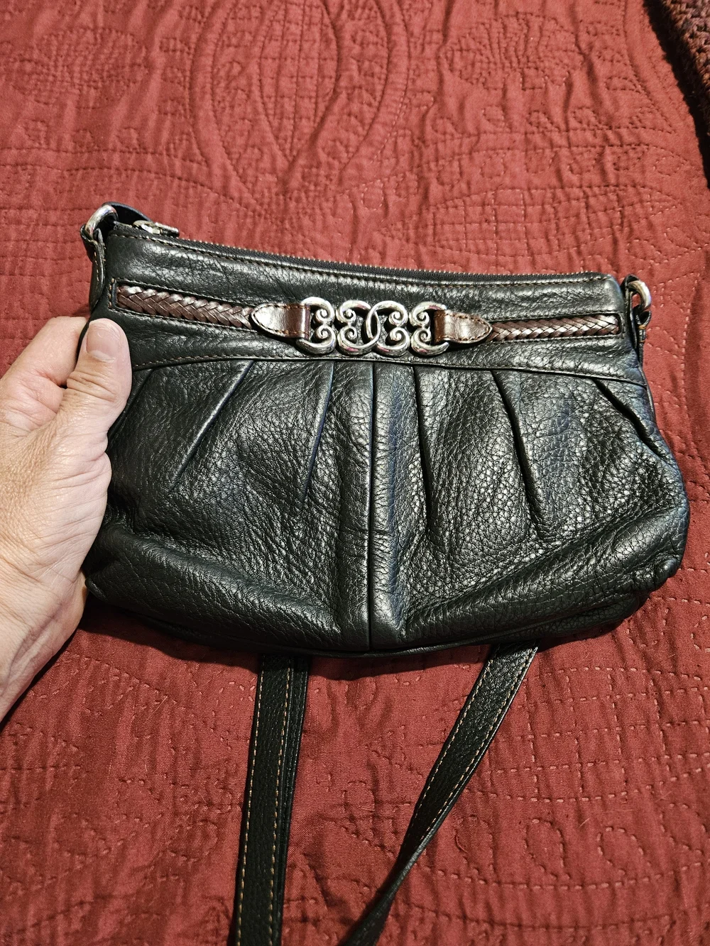 Brighton Dark Brown Leather Crossbody with Brown Trim and Silver Accent
