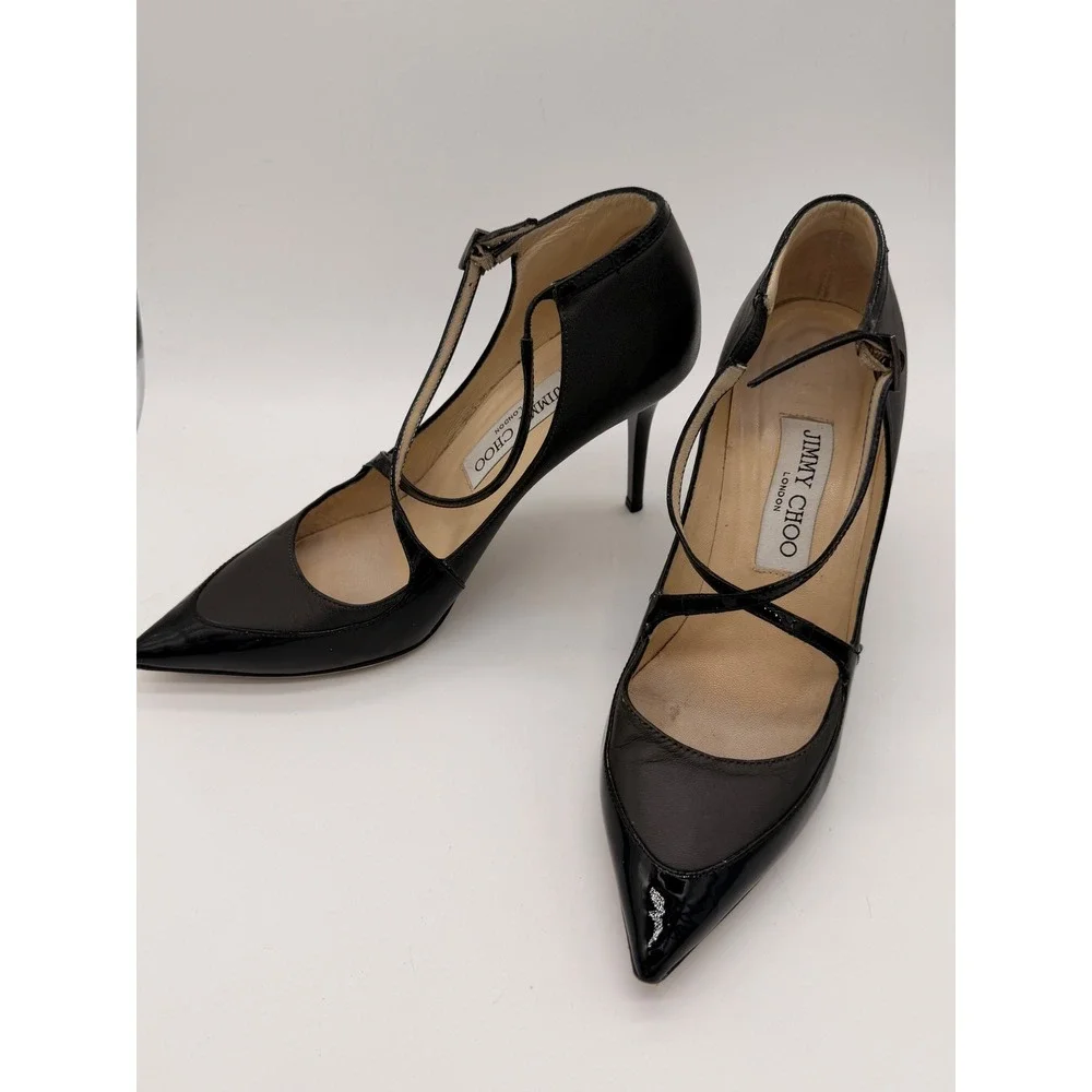 Jimmy Choo Black Leather Patent Crisscross T-Strap Pointed Toe Pumps 36.5 Italy‎