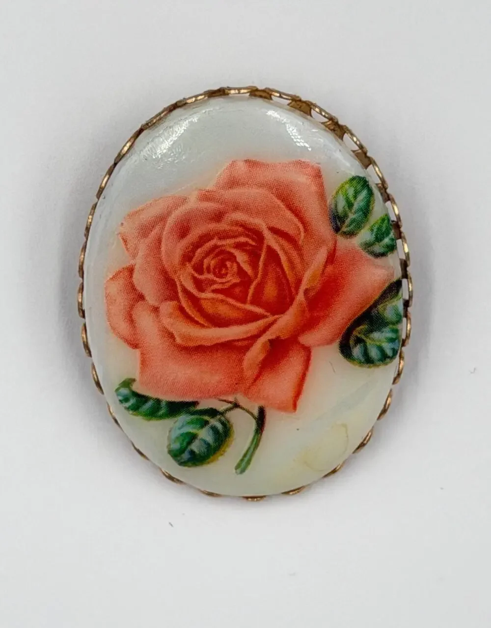 Vintage Victorian Milk Glass Hand Painted Oval Rose Brooch Filigree Frame