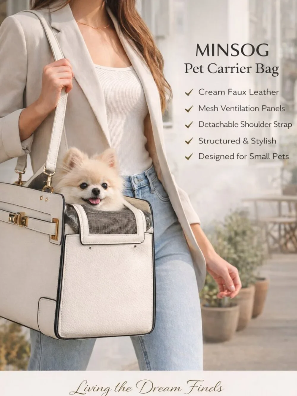 Cream Faux Leather Pet Carrier Bag - Small Dog Shoulder Tote