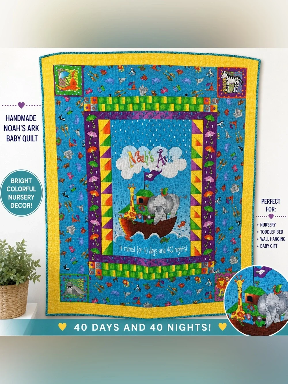 Noah's Ark Baby Quilt - Bright Blue & Yellow Nursery Throw