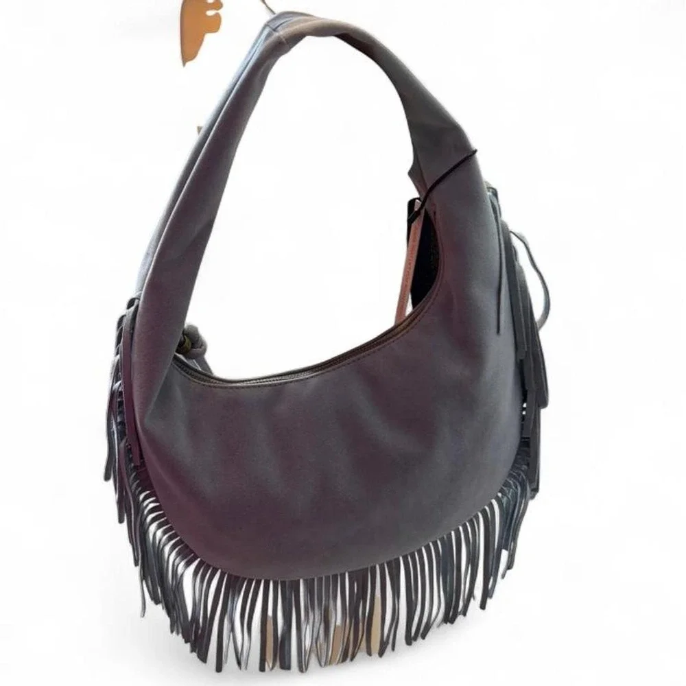 Juniper & Joy Gray/Blue Faux Suede‎ Fringe Hobo Shoulder Bag