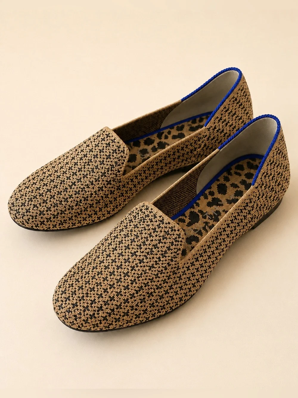 Rothy’s Women’s 9.5 Tan Black Knit Loafers Blue Trim Slip On Flats