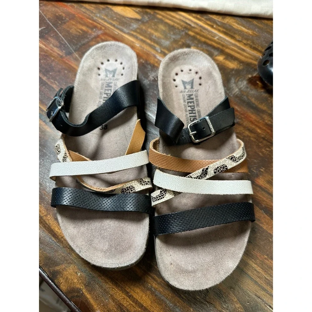 Mephisto Air-Relax Women 38 or 8 Black Leather MultiStrap Snakeskin Cork Sandal