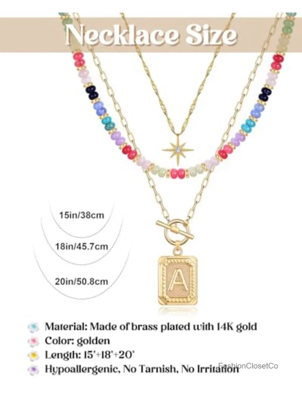 14K Gold Plated Layer Necklace Set Star Choker Beaded Letter Pendant
