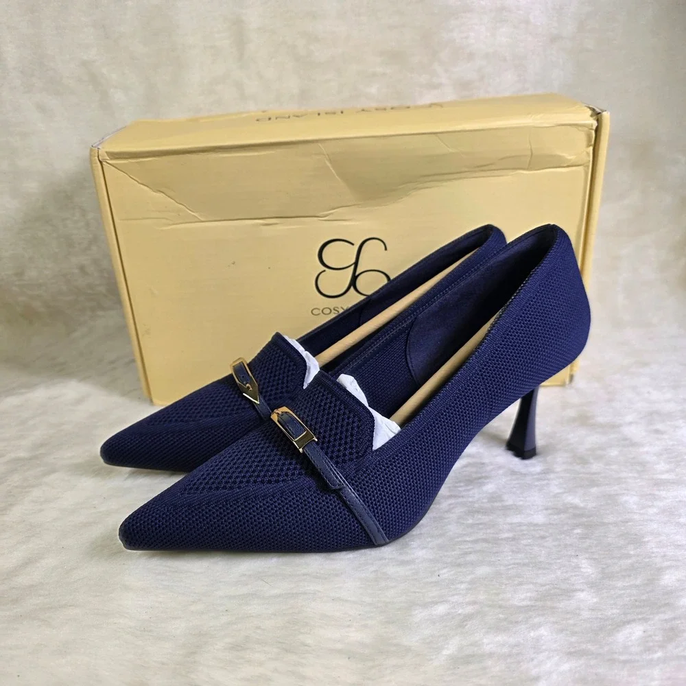 Cosy Island EliteLoaf Pointed Toe Heeled Pumps Buckle Navy Blue Womens 6.5 New