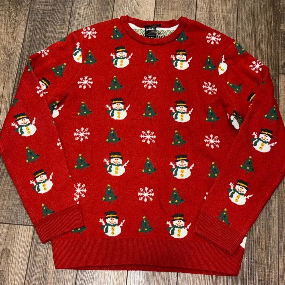 Jake Austin Mens Red Ugly Christmas Sweater Snowman Tree Snowflake Large