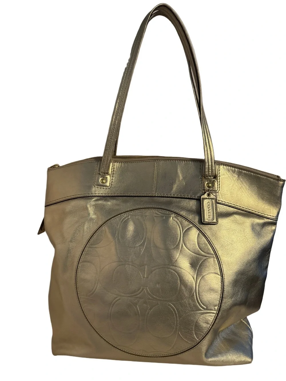 #255 Coach Laura Leather Signature Print Metallic Gold Shoulder Tote Bag