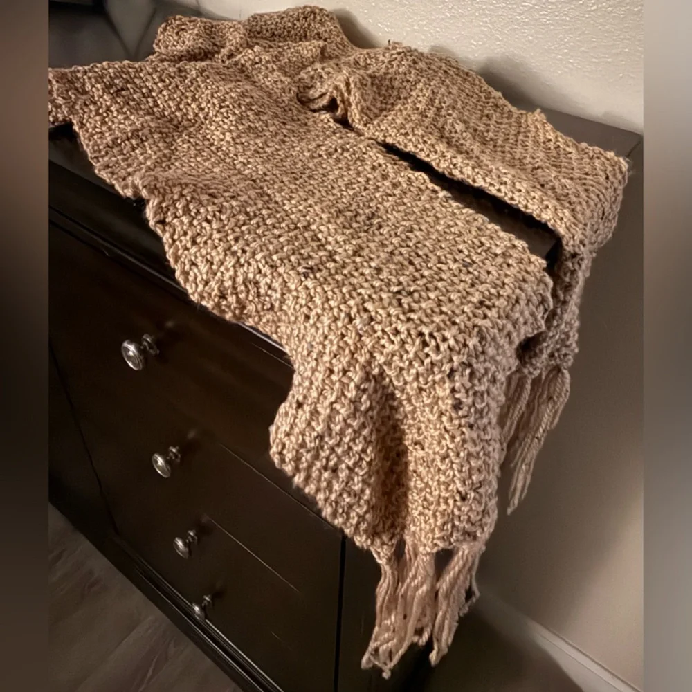 Extra Long Chunky Knit Scarf Wrap Tan Fringe Winter Boho 130x10