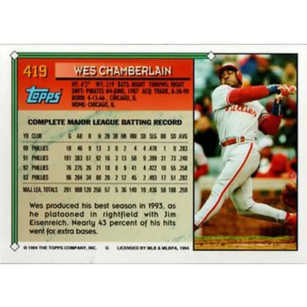 1994 Topps Wes Chamberlain # 419 Philadelphia Phillies