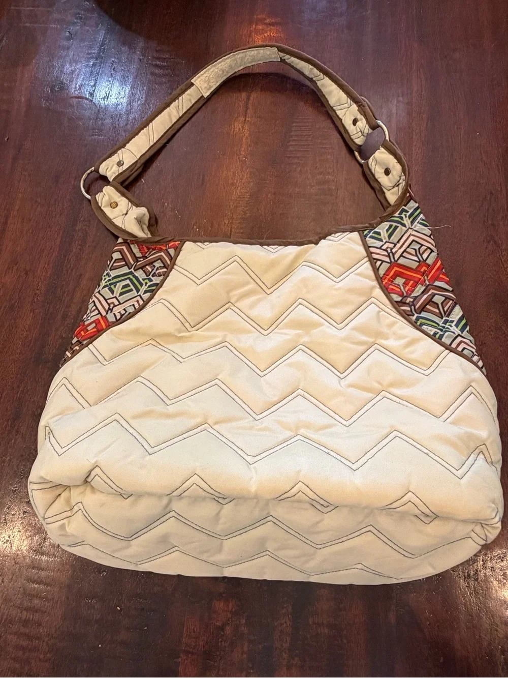 by B. Cream Quilted Shoulder Bag with Patterned Trim