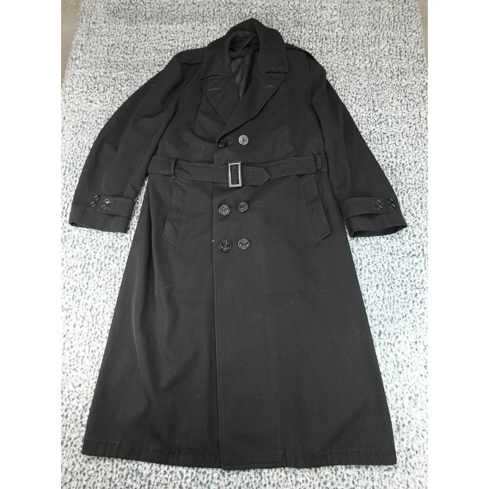 Naval Clothing Depot Trench Coat Mens 44 Long Black Vintage 100% Wool Belted