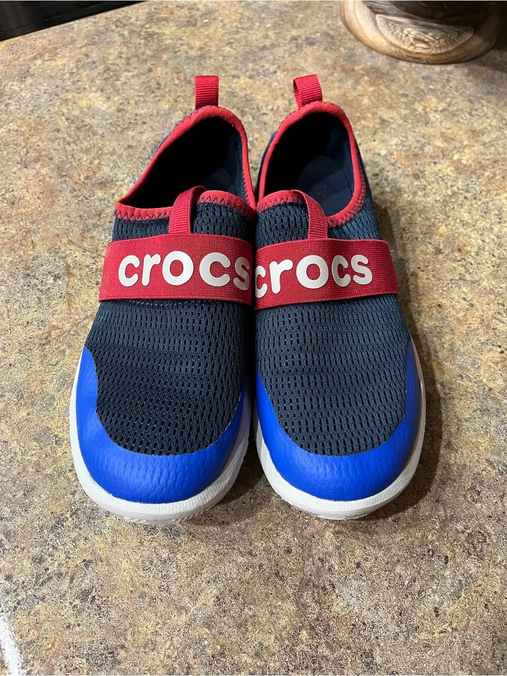 Crocs LiteRide Modform Kids J3 Slip On Sneakers Navy Blue Red Sport