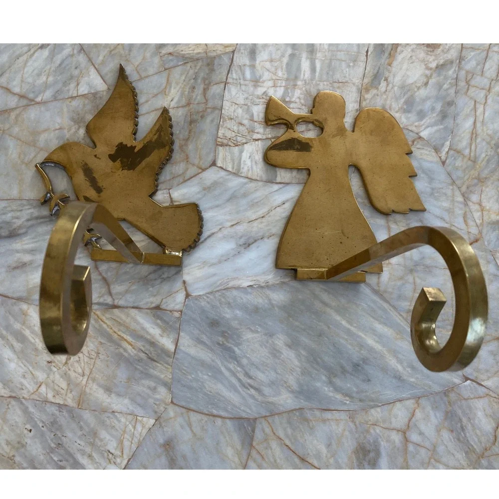 Vintage Solid Brass Christmas Stocking Holders Set of 2 Angel and Dove Gold
