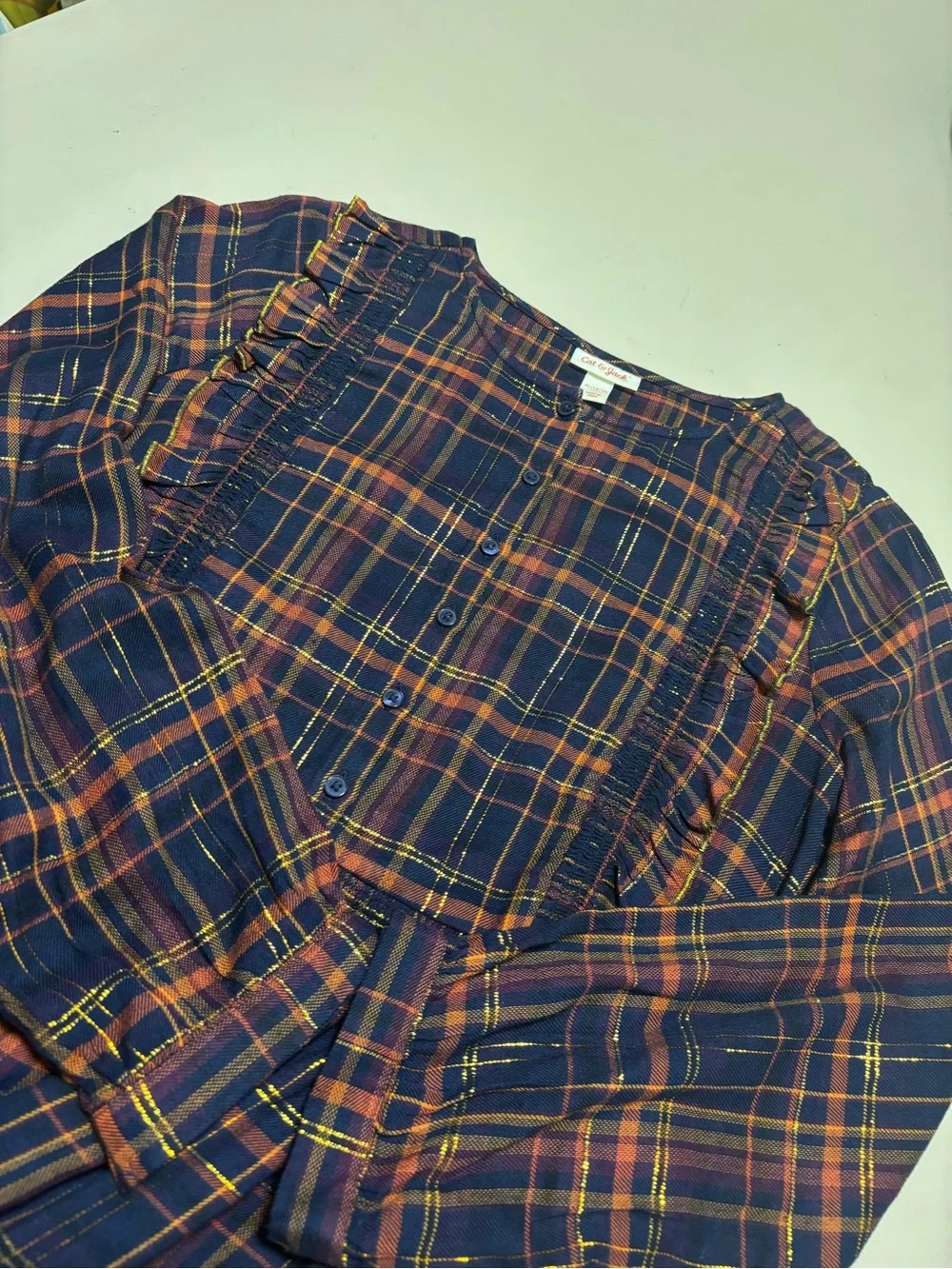 Cat & Jack Plaid Metallic Gold Tread Ruffle Dress Girls XL NWOT