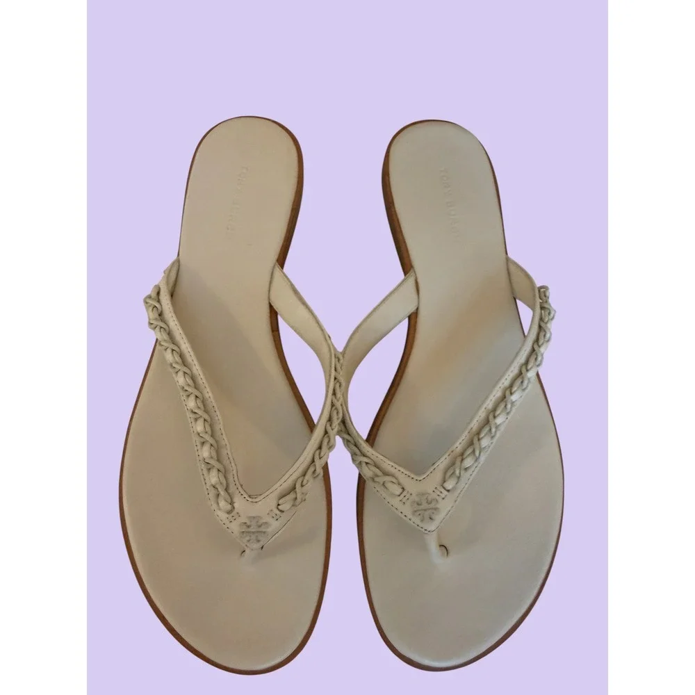 Tory Burch Miller Braided Leather Thong Sandals Cream Ivory Flat Womens 8 VGUC