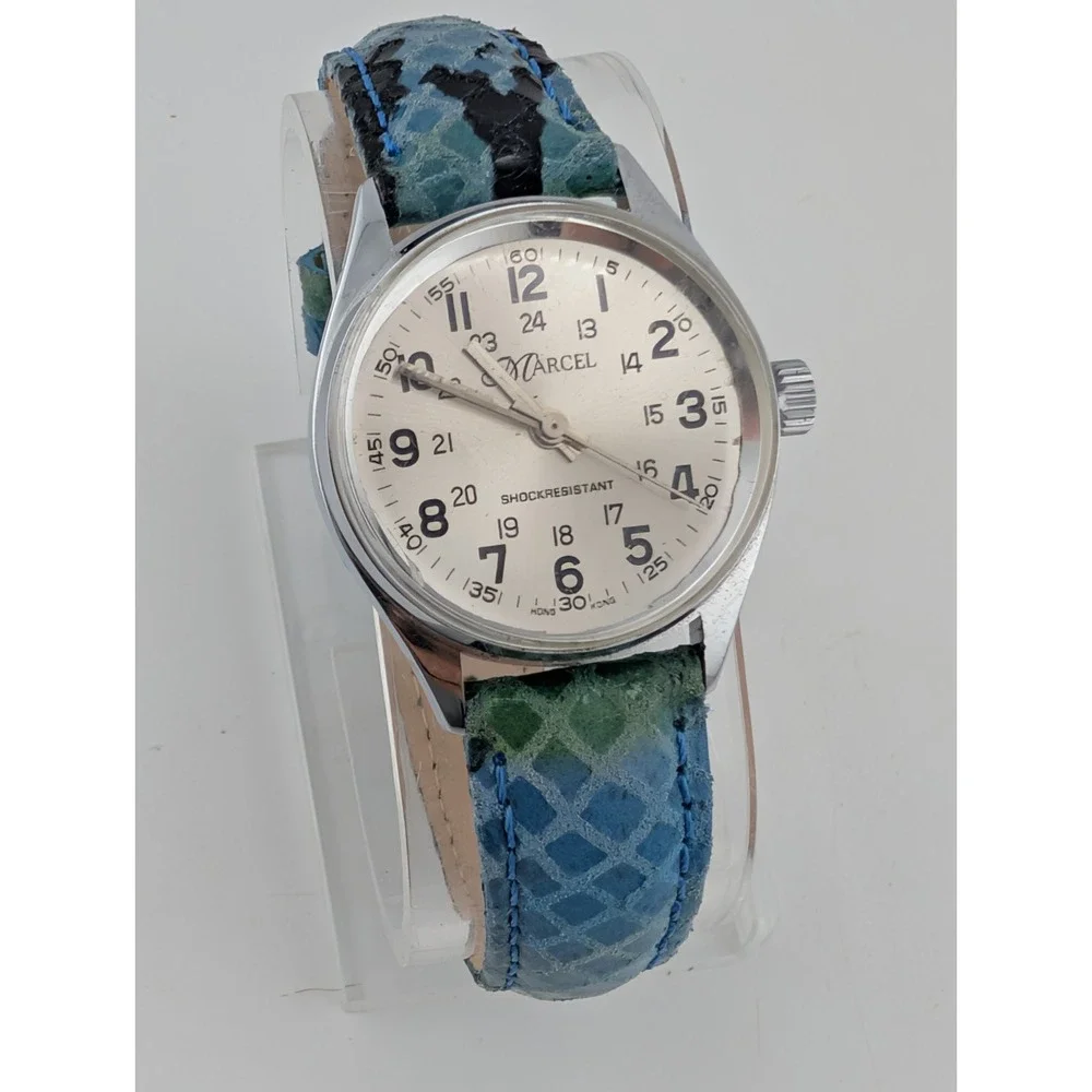 Marcel Women's Mechanical Watch 30mm Silver Case Blue Leather Band- Working