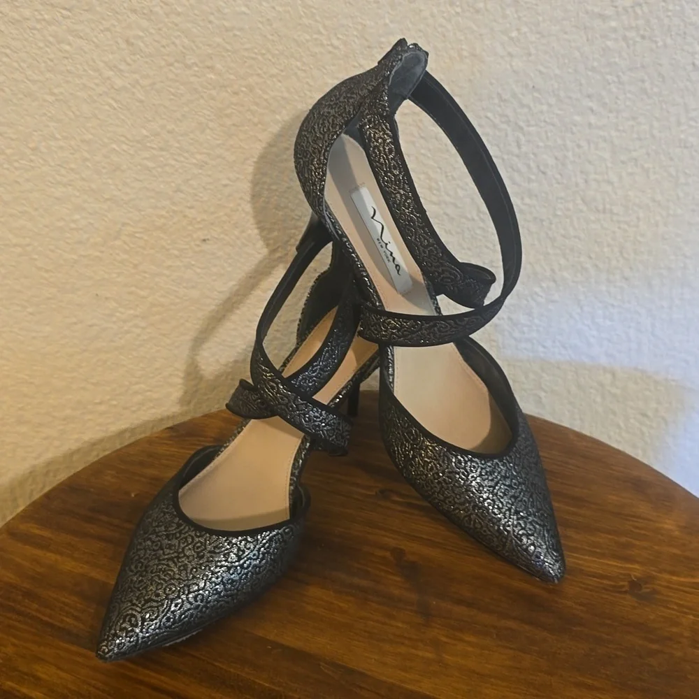 Nina New York |Black & Silver Jacquard Slip On Back Zip HEELS Fancy Elegant 8